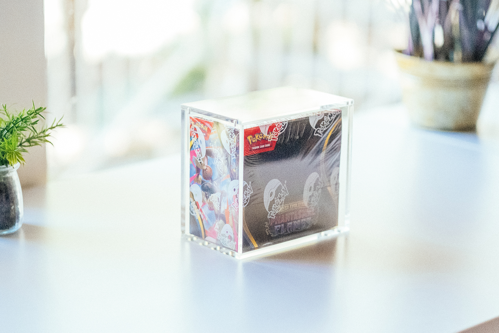 Trainer Bank homepage banner with Pokémon booster box inside Pro-Tek+ acrylic display box.